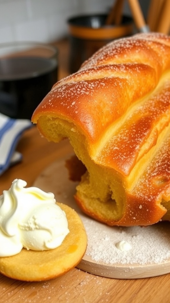 Traditional Czech Chimney Cake Recipe Golden brown chimney cake coated in cinnamon sugar, served with melting ice cream on a wooden table.